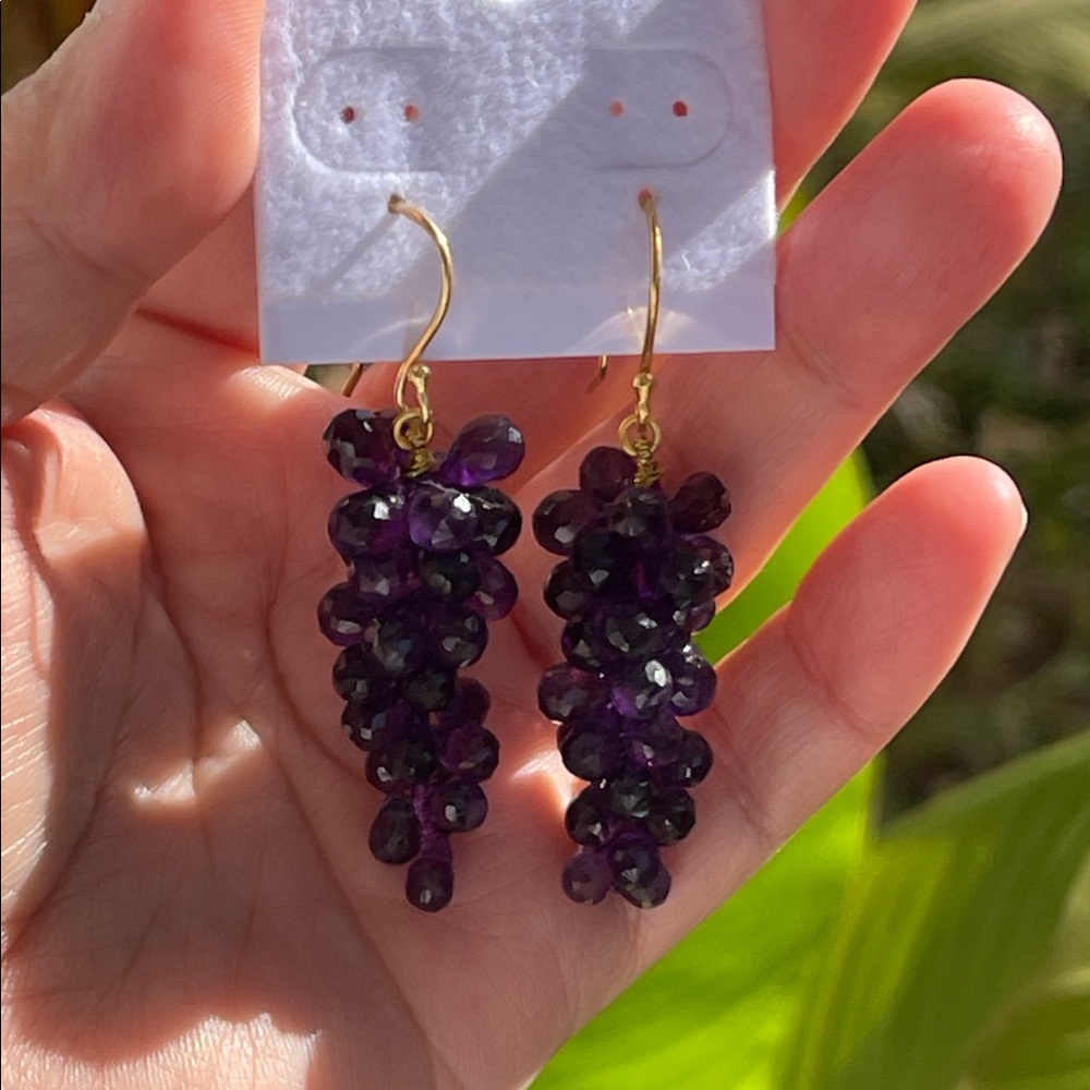 Natural Purple Amethyst Cluster Grape Earrings 18kt Gold Plated over 925 Silver